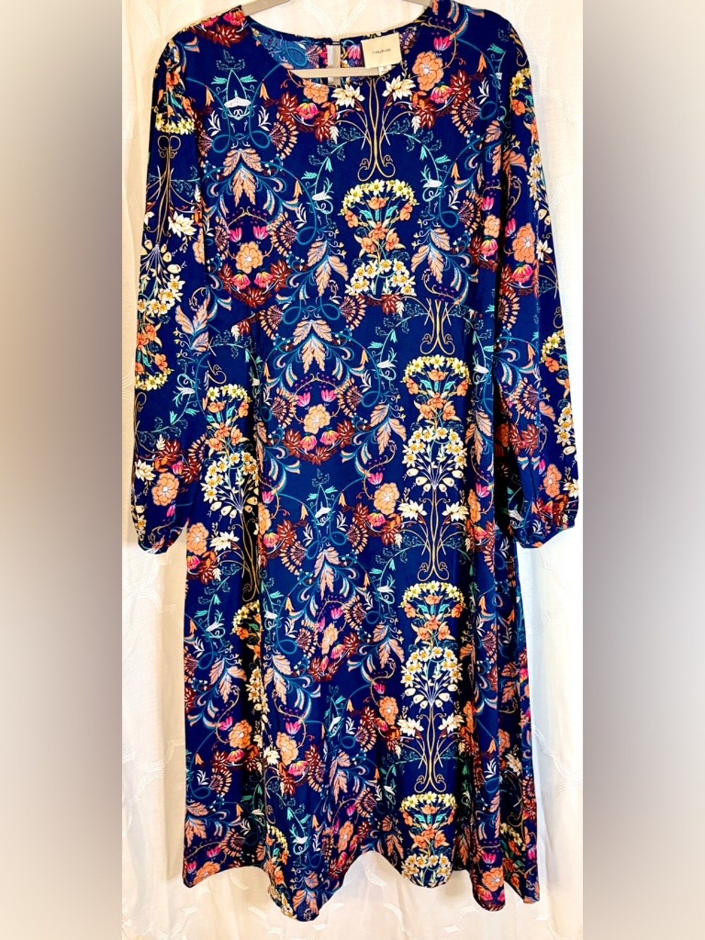 I. Madeline Navy Floral Midi Dress | Long Sleeve Boho Vibrant Dress | XL